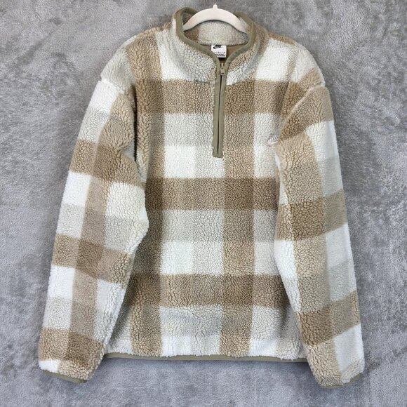 Nike Pullover Mens Large Tan White Plaid Sherpa Fleece Half Zip Checkered Jacket - Picture 1 of 12